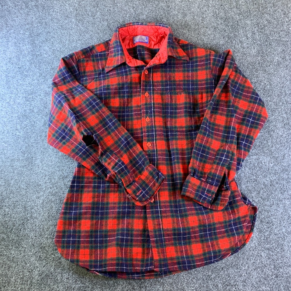Pendleton Lodge Flannel Shirt Mens Large Red Plaid Good Vintage Wool Button Up